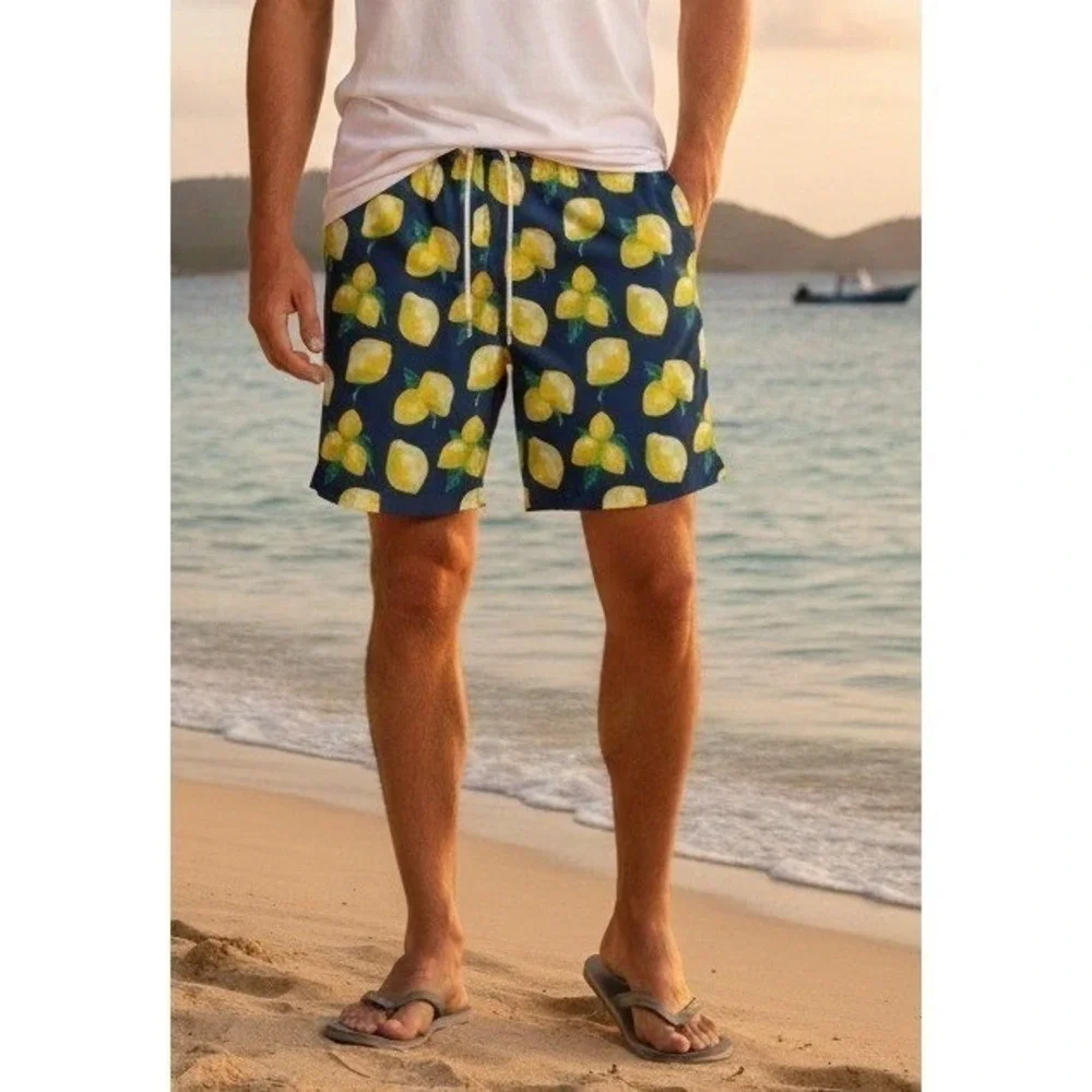 Rainforest Swim‎ Trunks Men's XL Navy Lemon Print Beach Resort Drawstring Summer